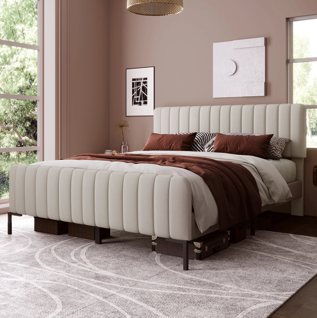 Letto matrimoniale 140x200 cm; testiera regolabile; lino; grigio-beige (Senza materasso)