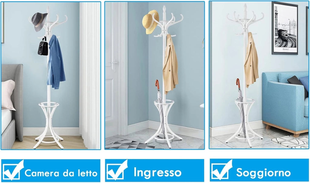 Attaccapanni da Terra Appendiabiti a piedi con 12 ganci in legno ecologico, 51 x 51 x 184 cm (Bianco)