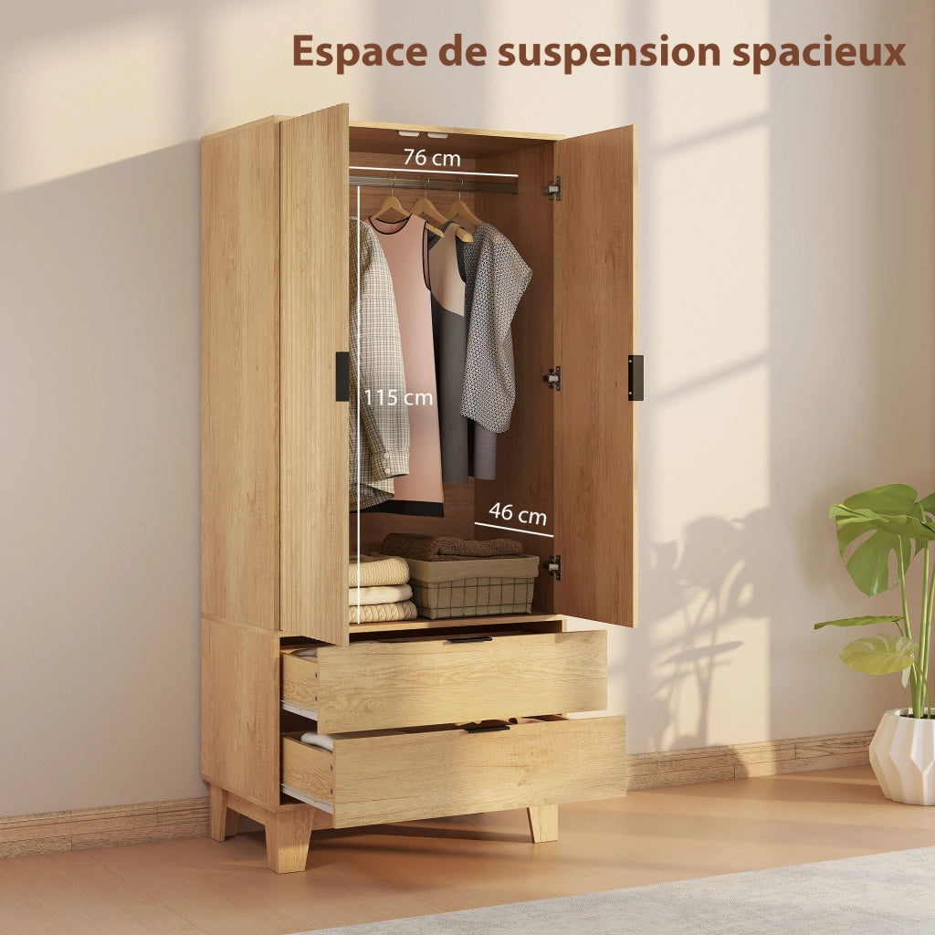 Armadio Camera da Letto con 2 Ante Scorrevoli 2 Cassetti Appendiabiti ¨C zephmum ¨C 80x50x180 Legno Naturale