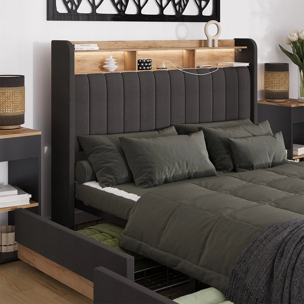 Vitalispa Letto imbottito Antracite/quercia con 4 cassetti