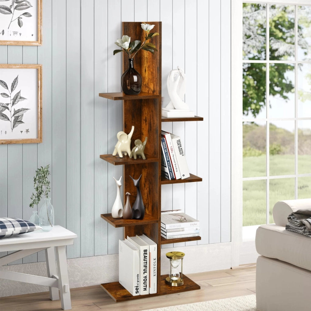 Libreria ad albero autoportante a 8 ripiani in legno-Stand espositivo multifunzionale per libri e piante Marrone