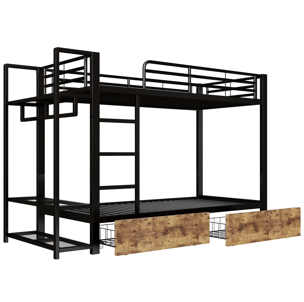 Letto a castello 90x200 cm nero metallo, LED e 2 cassetti, senza materasso
