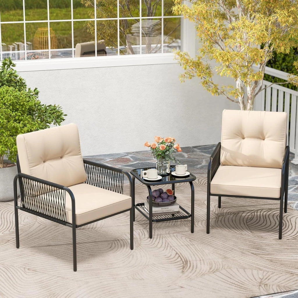 Set di mobili in rattan con tavolo in vetro temperato per esterni per veranda, Set bistro da Patio 3 pezzi Nero+ Beige-Set mobili da esterno