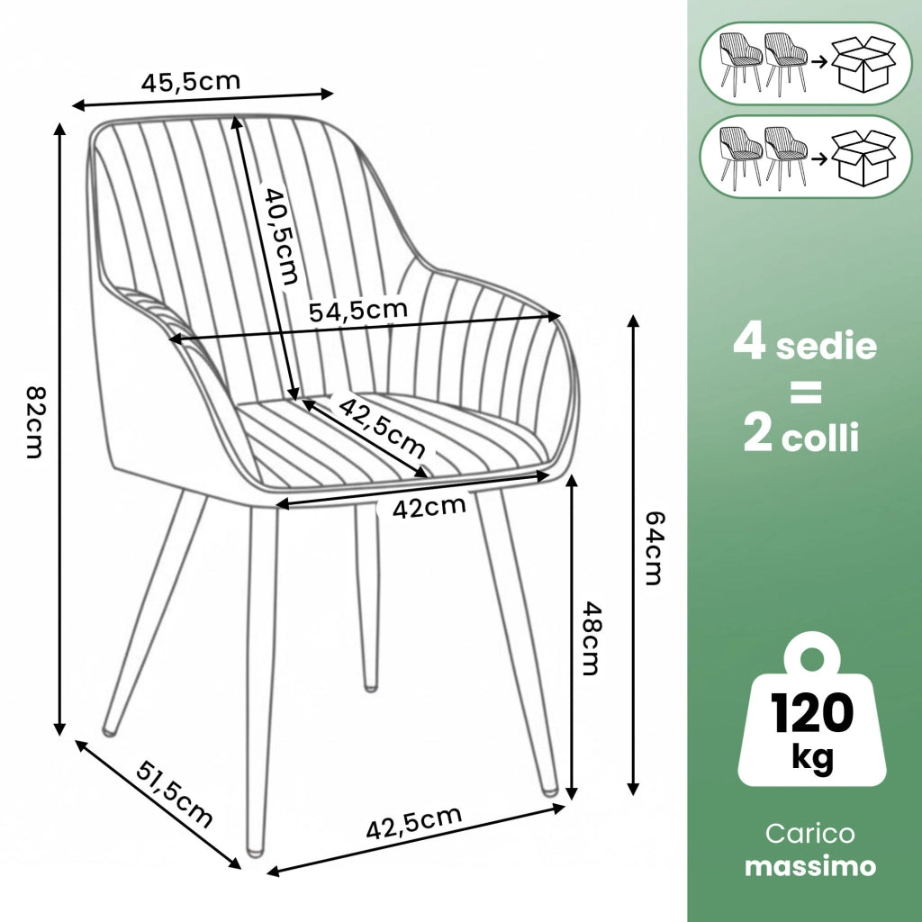 Set di 4 Sedie in velluto con cuciture verticali FLORENCE Rosa Cipria gambe oro