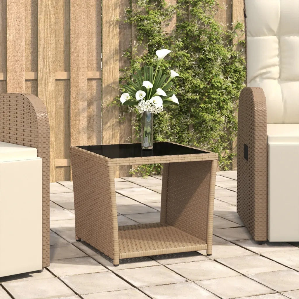 Tavolino da Giardino | Tavolino con Piano Vetro Beige in Polyrattan e Vetro Temperato