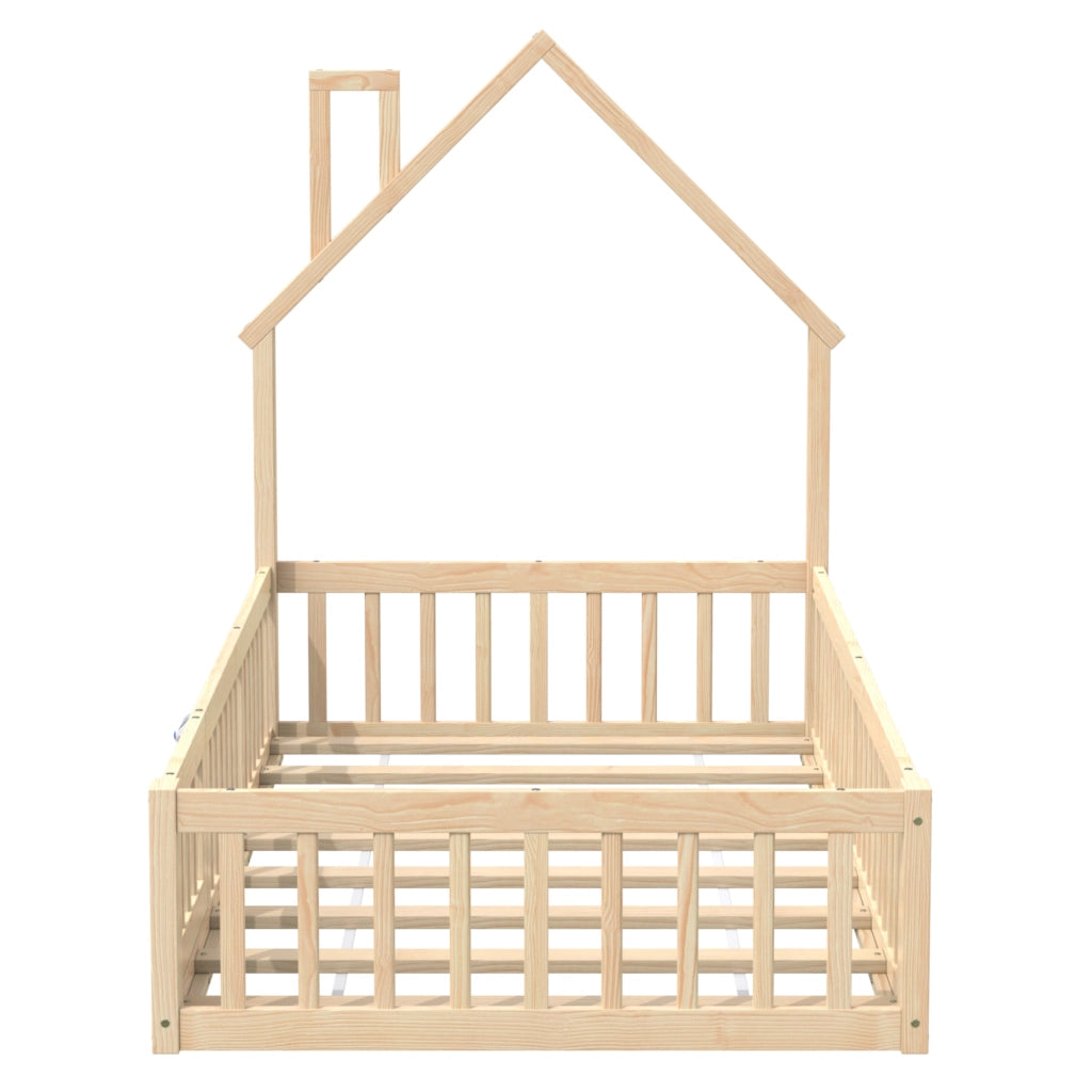 Letto casetta 90×200 cm; letto singolo con sponda di sicurezza; senza materasso; in pino e MDF; naturale