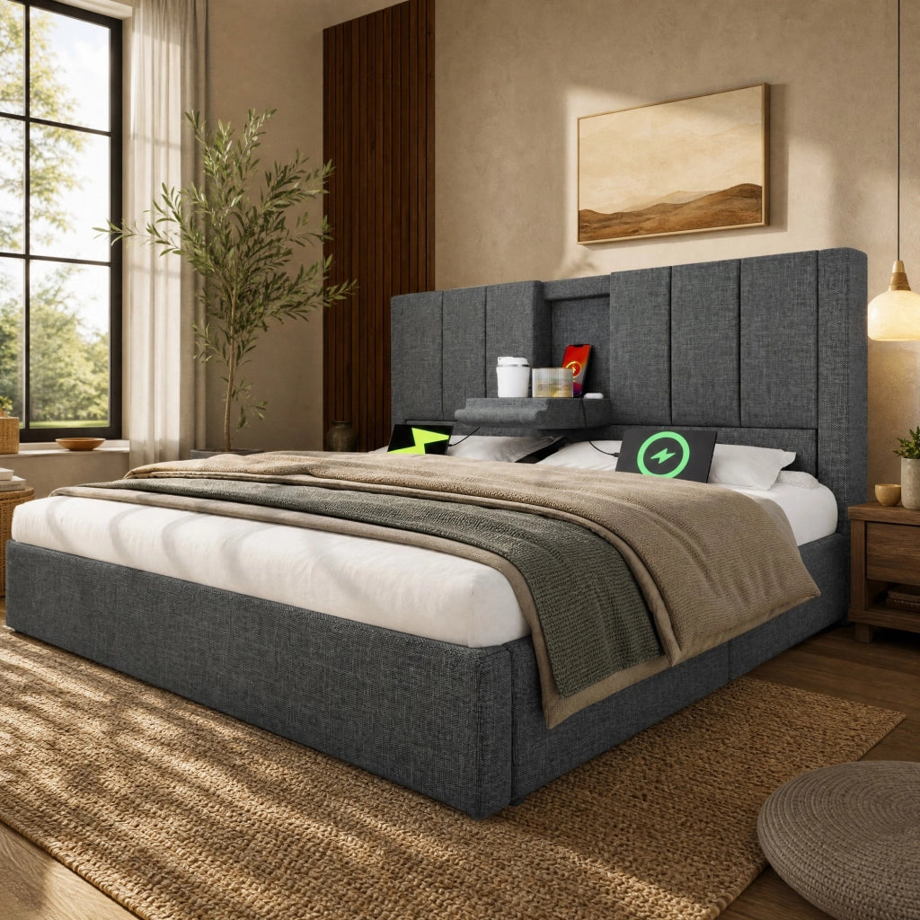 Letto imbottito 140x190 cm con ricarica USB-C e vano contenitore