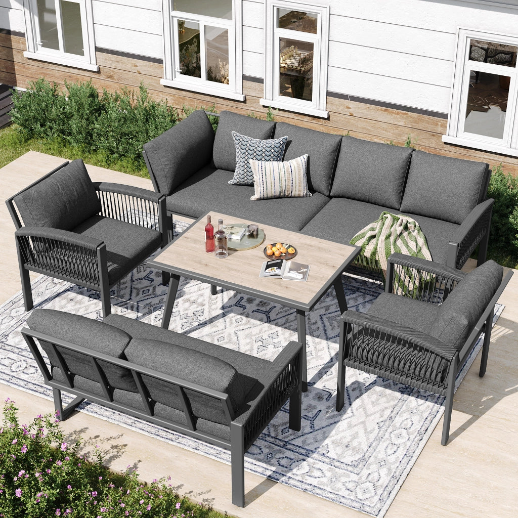 OKWISH Set da 6 Pezzi da Giardino con 1 Divano Grande, 2 Divani Piccoli, 2 Poltrone e 1 Tavolo, Metallo Legno Grigio