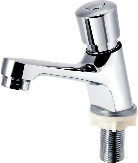 Fonte a muro con rubinetto per vasca da bagno e cucina, con manigliona, chiusura automatica e finitura cromata in acciaio.