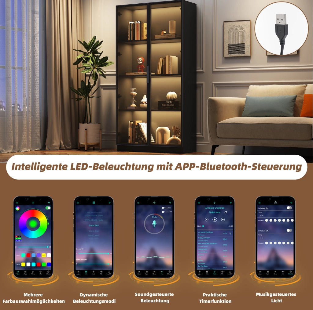 Vetrina moderna con porte in vetro e LED controllabili da app; 80 x 40 x 160 cm; nero