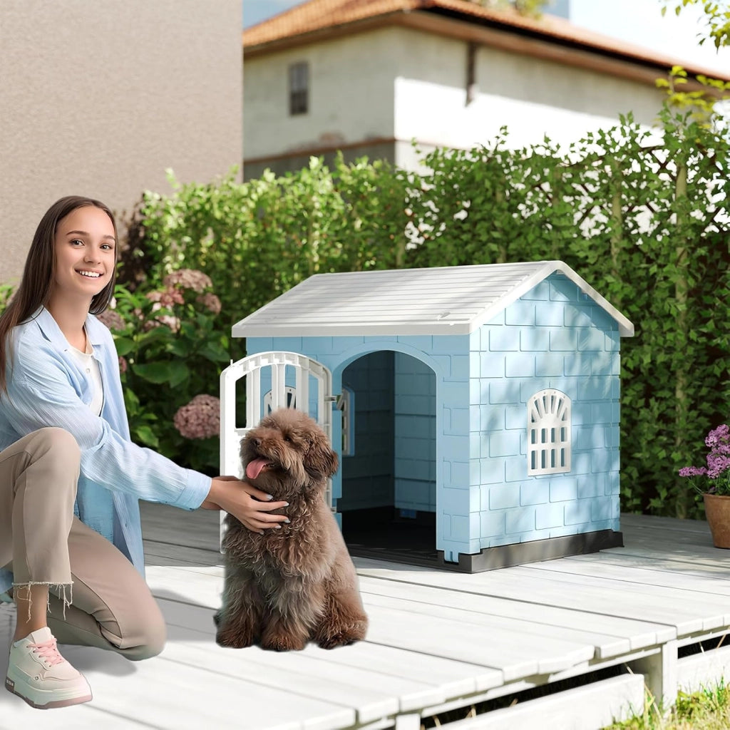 Cuccia per Cani da Esterno ed Interno, Cassetta per Cani con Porta Bloccabile, 3 Finestre e Tetto Inclinato, Cucce per Cagnolino in Plastica Impermeabile (Blu)