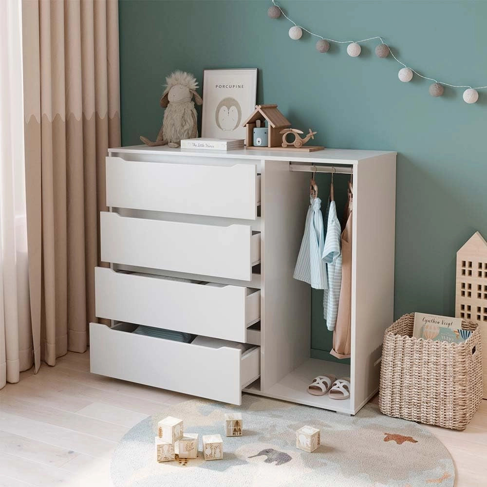 Guardaroba per bambini Ruben, Bianco, 120 x 101.9 cm con 4 cassetti, adatto per riporre abbigliamento e accessori per bambini