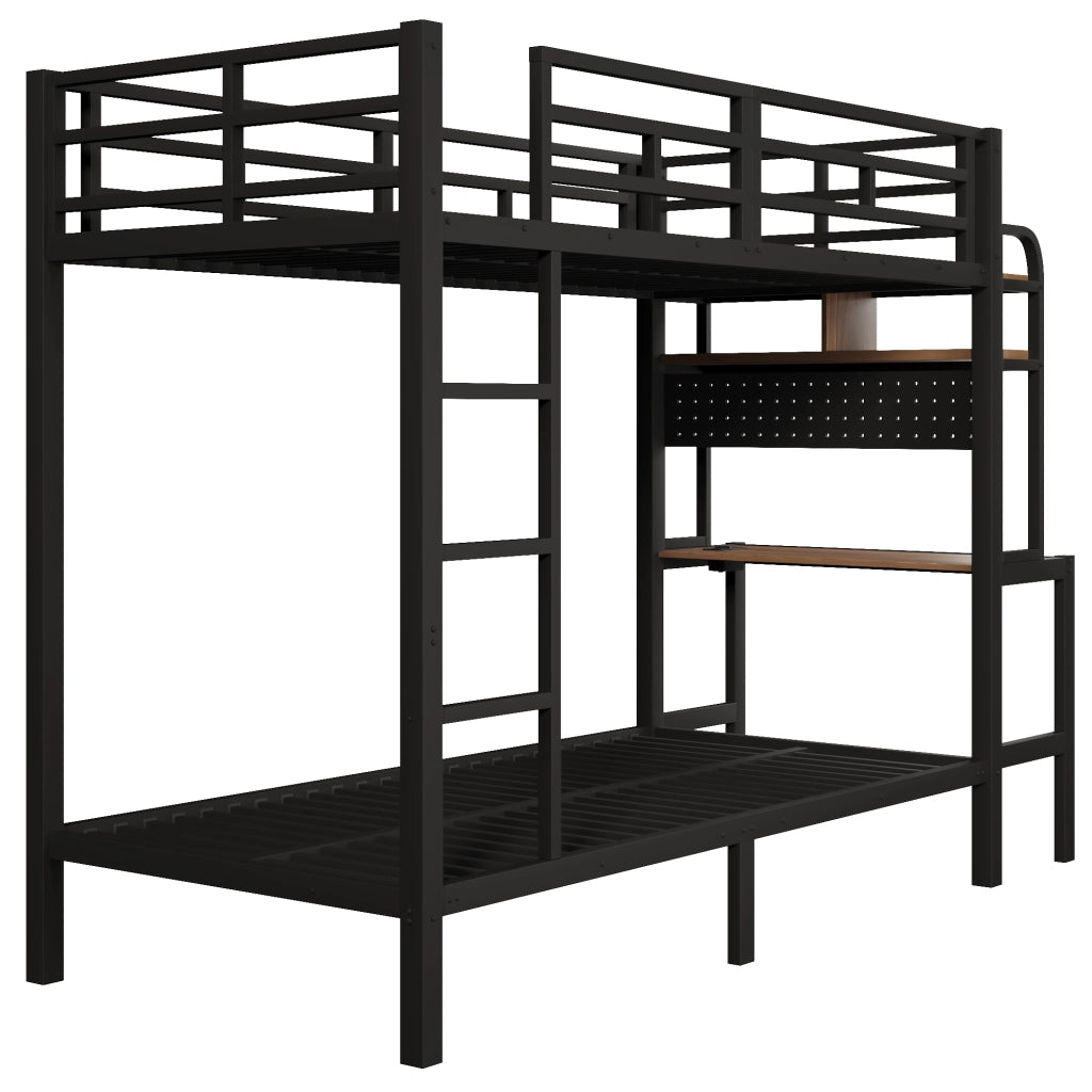 Letto a castello 90 × 200 cm con scrivania, ripiani, LED e USB, con barriera di sicurezza, senza materasso, nero