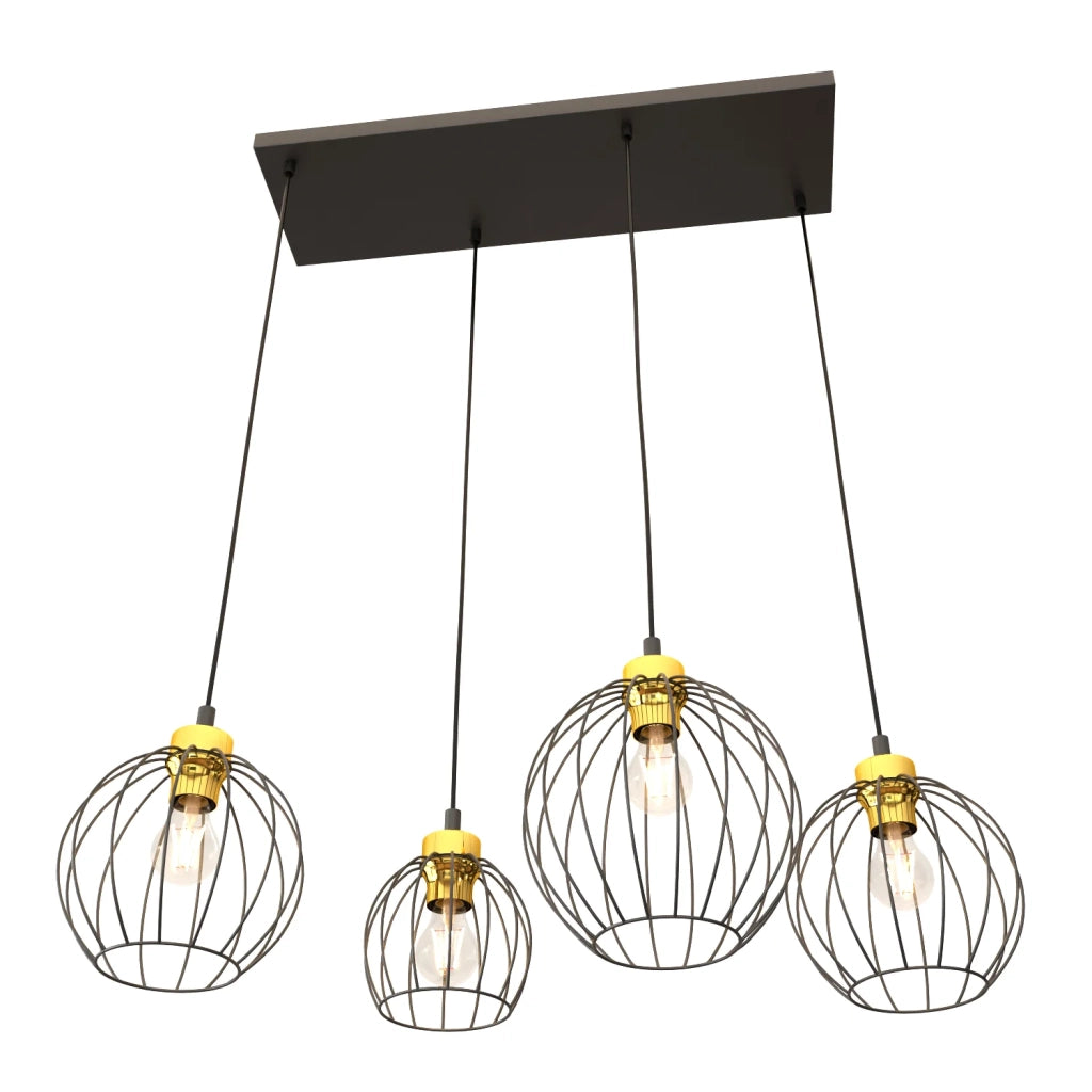 Sospensione Minimal Industrial Hathor 4 Luci Lineari Nera E Oro