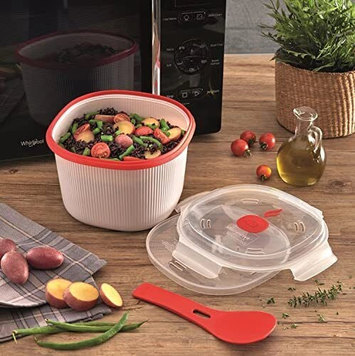 Snips 000849 Cuociriso a Vapore per Microonde 2,7 L con Vassoio e Spatola colore Rosso Trasparente Bianco