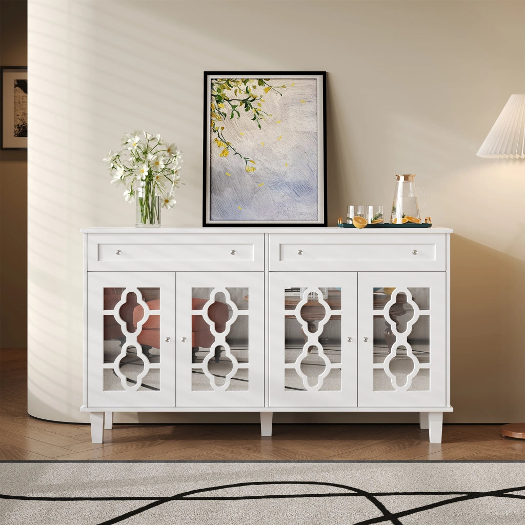 Credenza con 4 Ante a Specchio; 2 Cassetti e Ripiani Regolabili; Stile Moderno; in MDF; 140??40??83 cm; Bianco