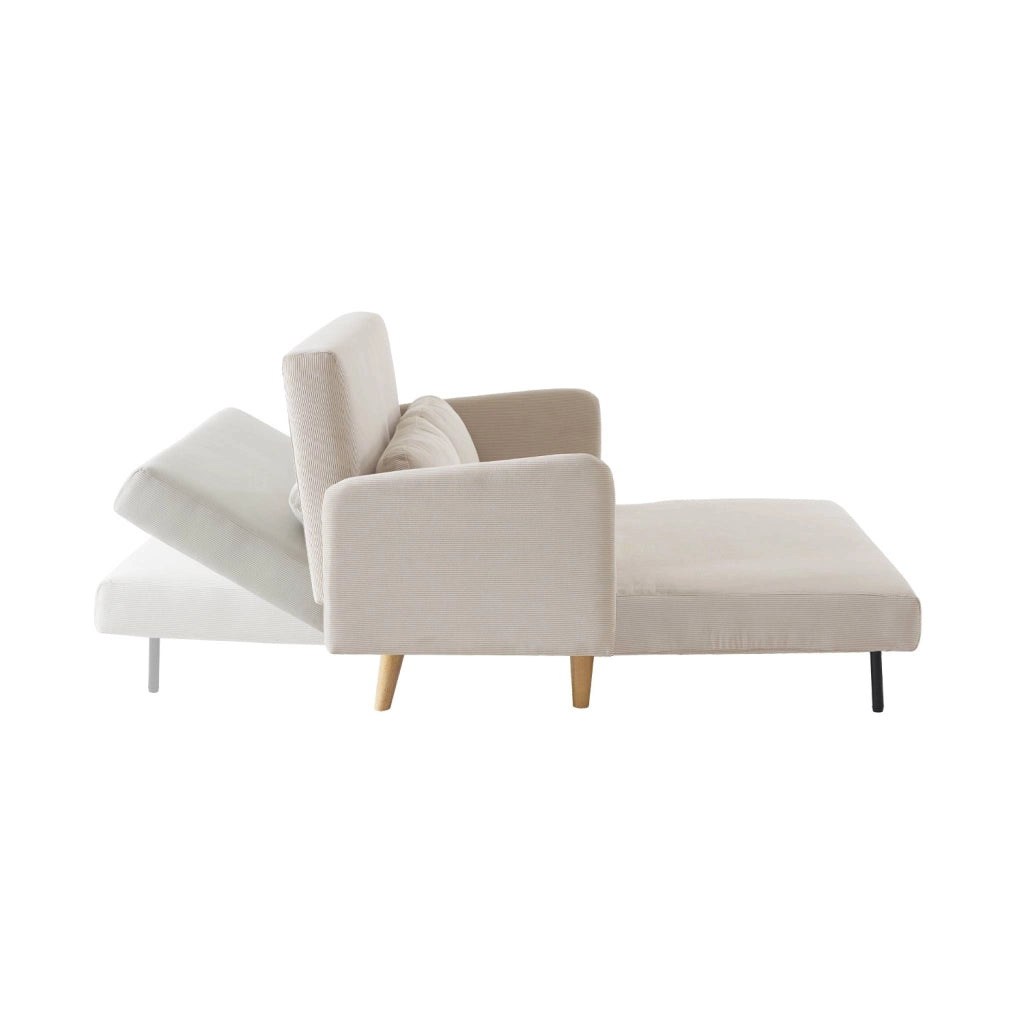 Divano letto in velluto a coste con gambe in legno, 2 posti, beige