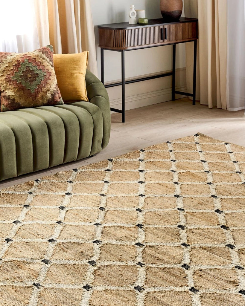 Tappeto di iuta intrecciata naturale in stile bohémien con motivo geometrico 200 x 300 cm Beige camera da letto soggiorno