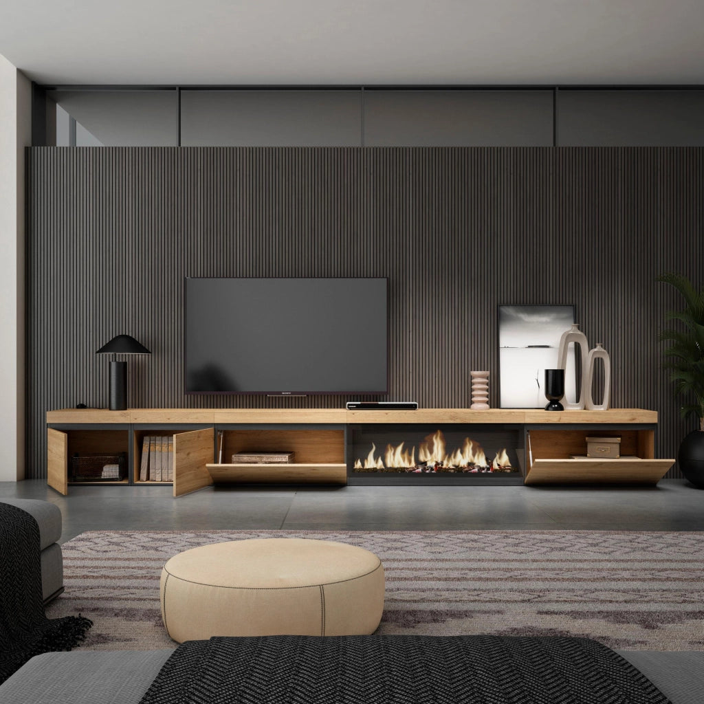 Mobile TV Soggiorno, 368x35x45, Camino elettrico XXL, colore Rovere RF3694