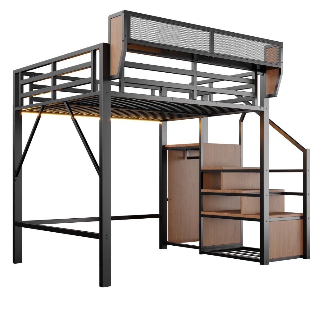 Letto a soppalco 140x200 cm con LED e scala di sicurezza in metallo nero