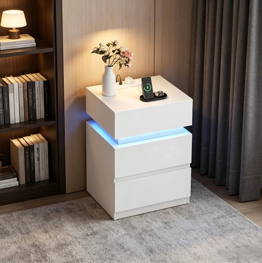 Comodino 40 cm con LED regolabile, 2 prese e 2 USB in materiale di legno bianco