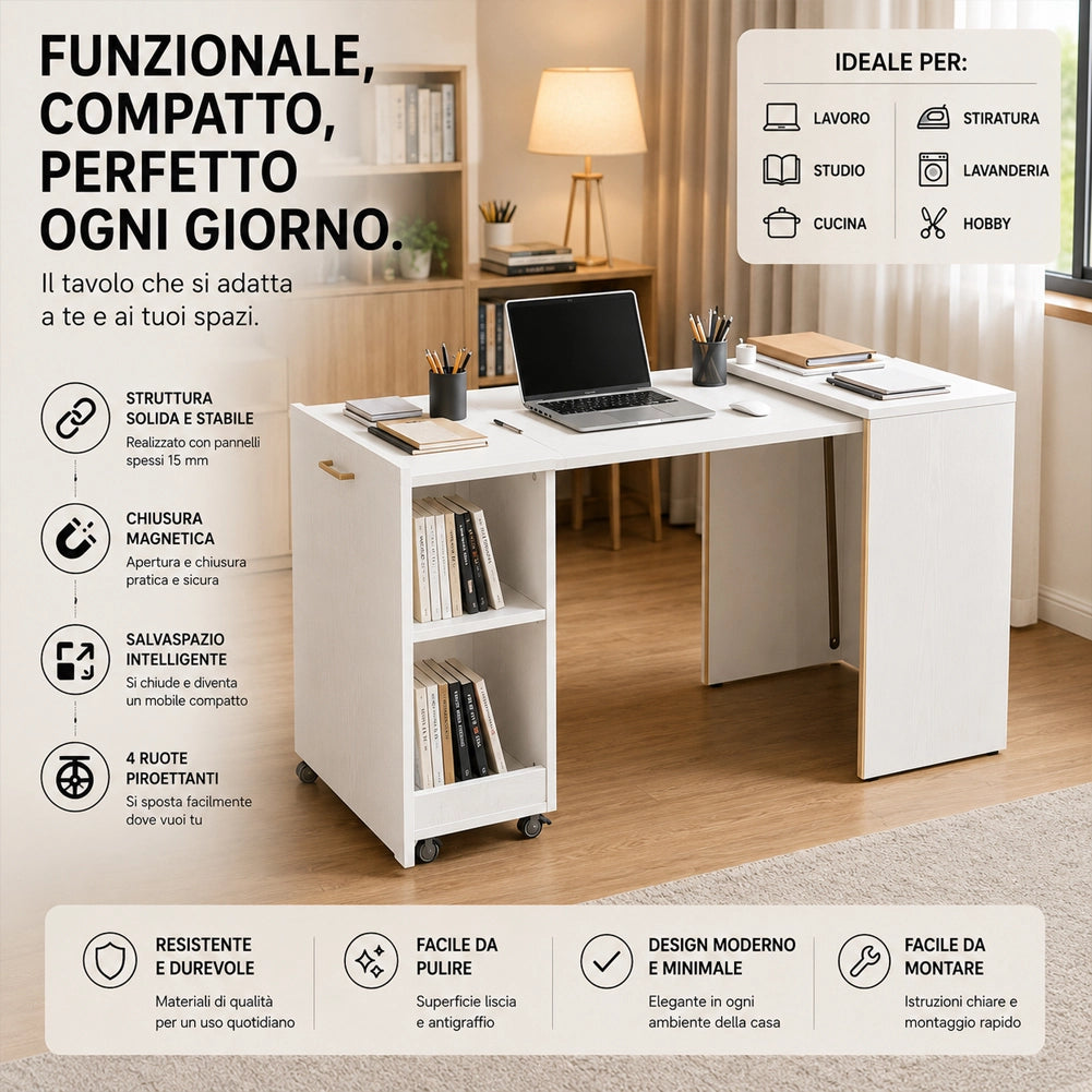 Mobile con Tavolo Scomparsa Bianco Frassinato Richiudibile Salvaspazio Scrivania