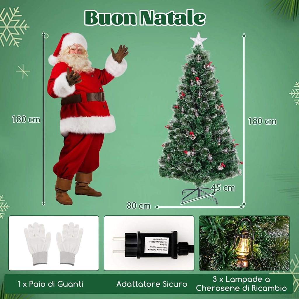 Albero di Natale 180CM, Albero di Natale con 64 Luci LED, Fibre Ottiche, 8 Modalità di Illuminazione e 220 Rami, Ago di Pino, Pigne, Bacche Rosse e Lampade a Paraffina (180 CM)