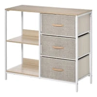 Cassettiera in Tessuto Cassettiera in Tessuto con 3 Cassetti Pieghevoli e 2 Ripiani Aperti 80x29x71 cm Legno Naturale e Grigio Chiaro