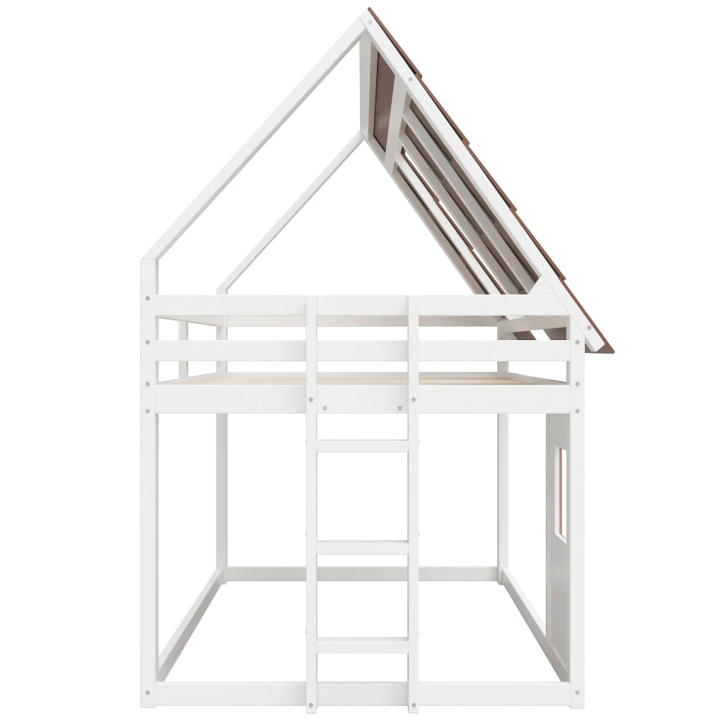 Letto a castello 140 × 200 cm con tetto e scala, sponde di sicurezza, senza materasso, in legno, marrone e bianco