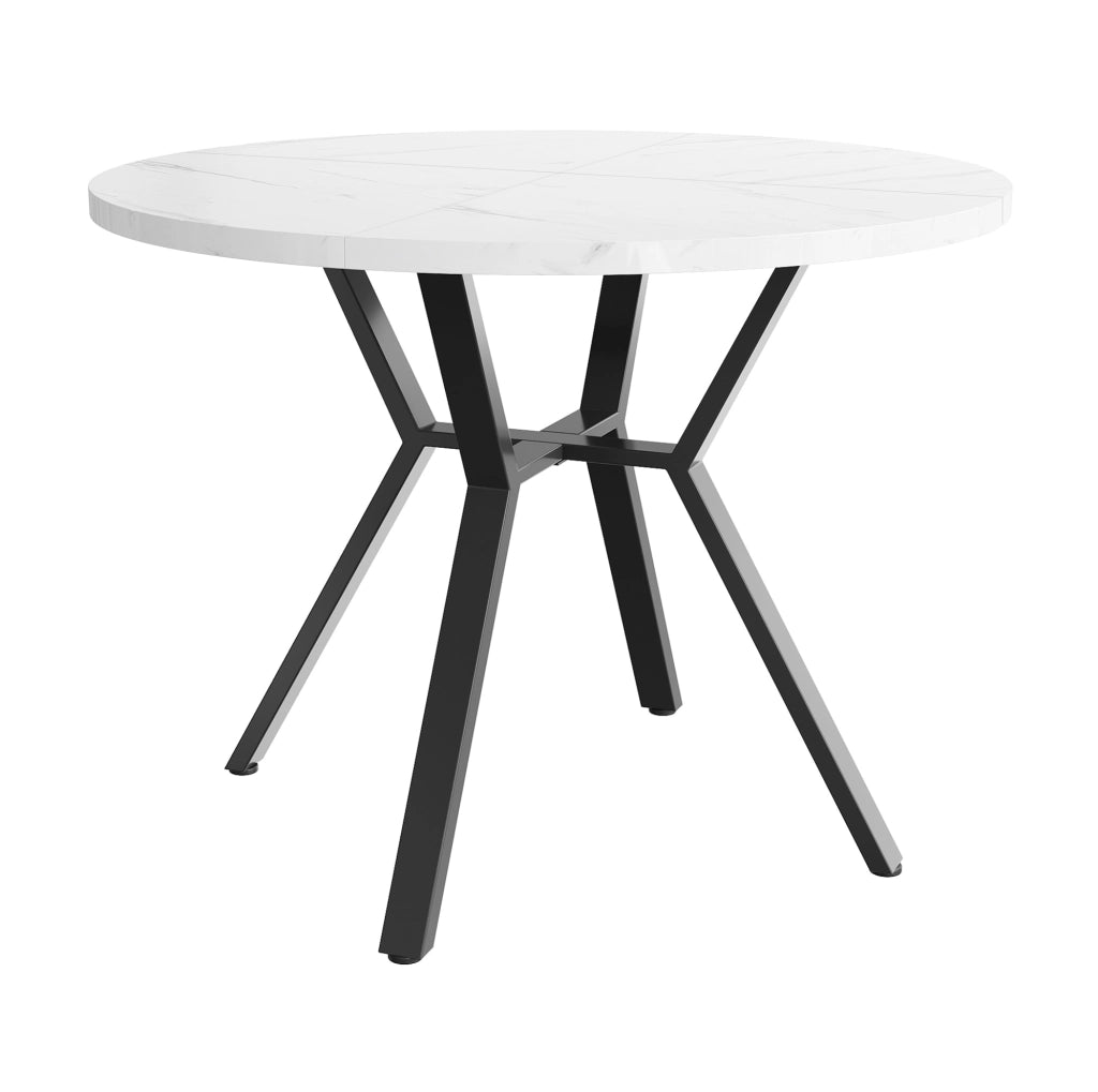 Tavolo da pranzo rotondo 100 cm con piano effetto marmo bianco e base in metallo nero