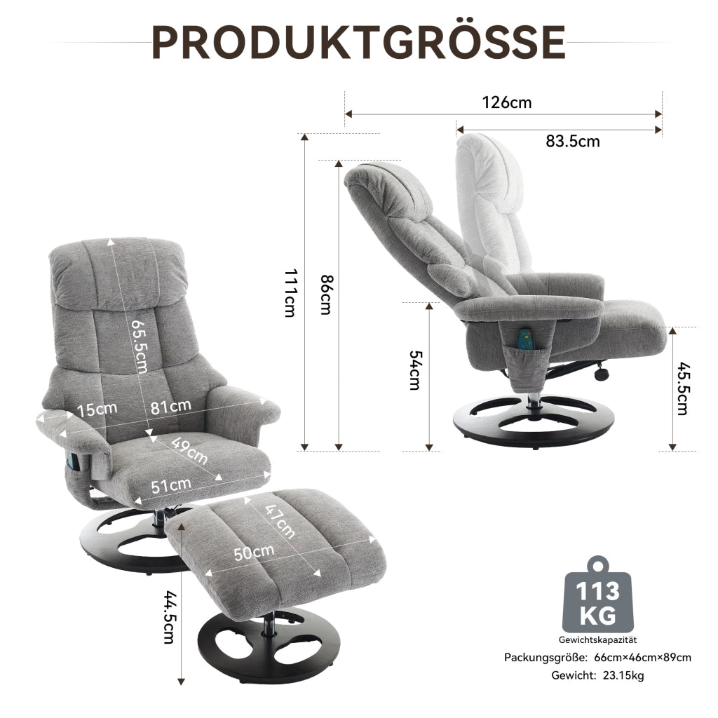 Poltrona relax con massaggio a 5 punti e funzione riscaldante girevole 360° con poggiapiedi in chenille grigio