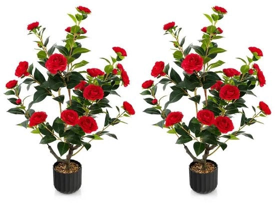 Coltivatore artificiale di camelia 38 pollici, pianta di fiori in vaso di cemento, 2 pezzi - rosso