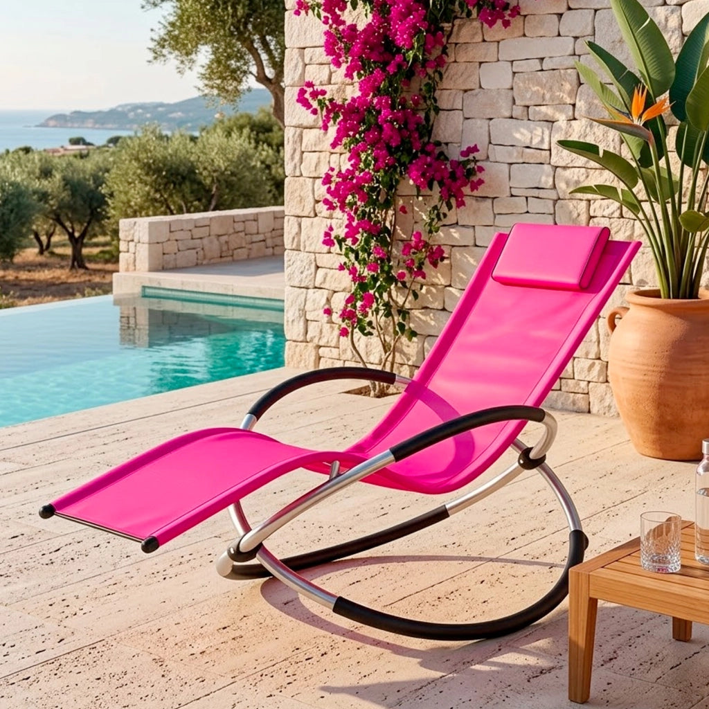 Dondolo Reclinabile Da Giardino Con Poggiatesta Removibile In Textilene Traspirante Telaio Metallo Relax Outdoor 73 x 150 x 93 Cm Fuxia