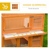 Conigliera da Esterno 122x48x100 cm con Casetta e Recinto a 2 Piani in Legno