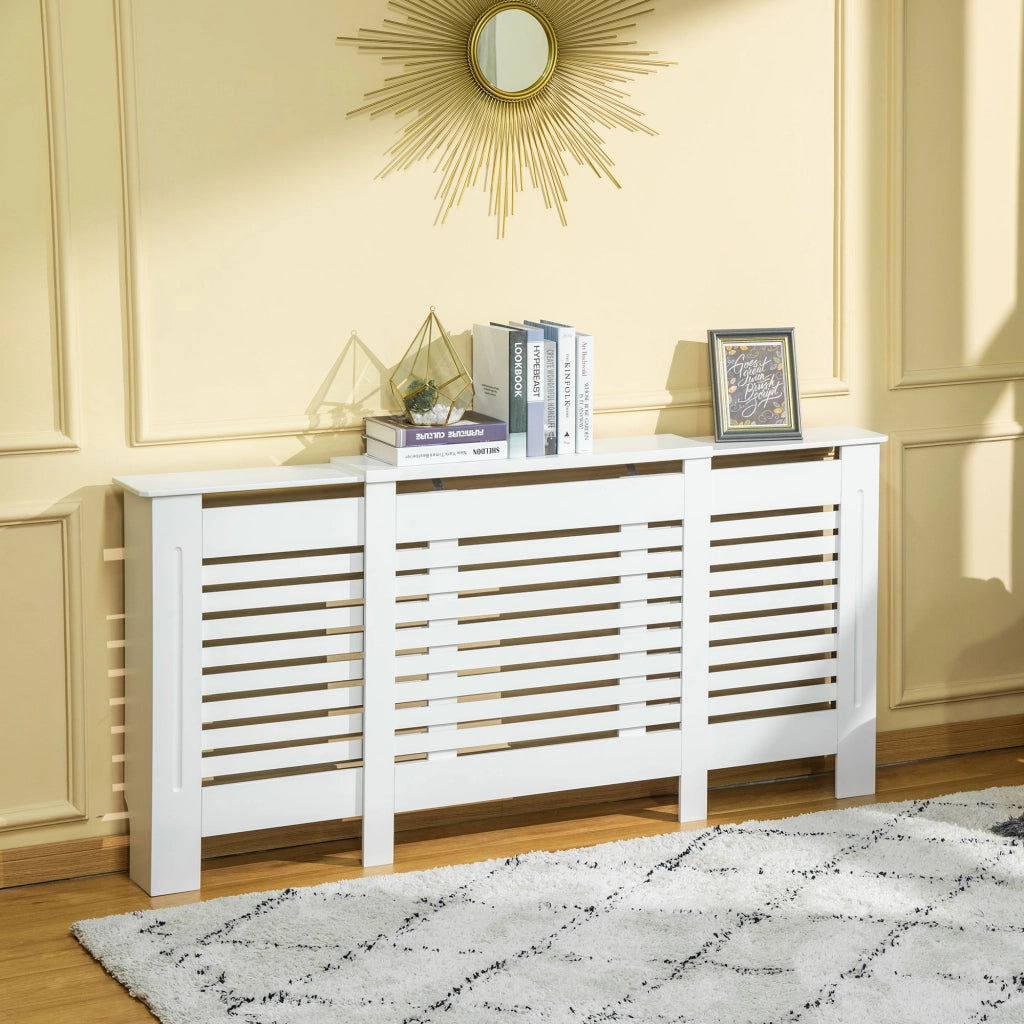 Mobile Copricalorifero Larghezza Regolabile e Mensola Superiore in MDF e Legno, 140-202x19x82.5cm, Bianco