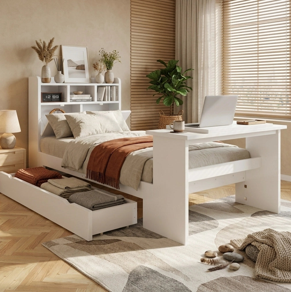 Letto singolo 90x200 cm con tavolo pieghevole e cassetto