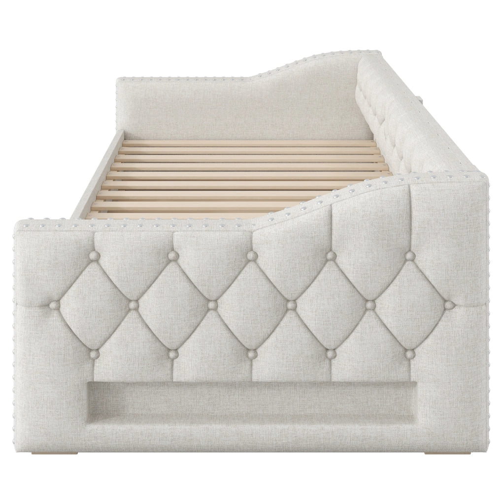 Letto da giorno 90x200 cm con LED; letto estraibile e cassetti in MDF e lino beige
