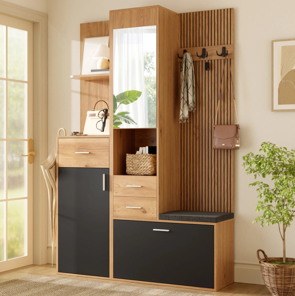 Guardaroba multifunzionale da ingresso 120x32x178 cm in MDF e truciolare; nero e naturale