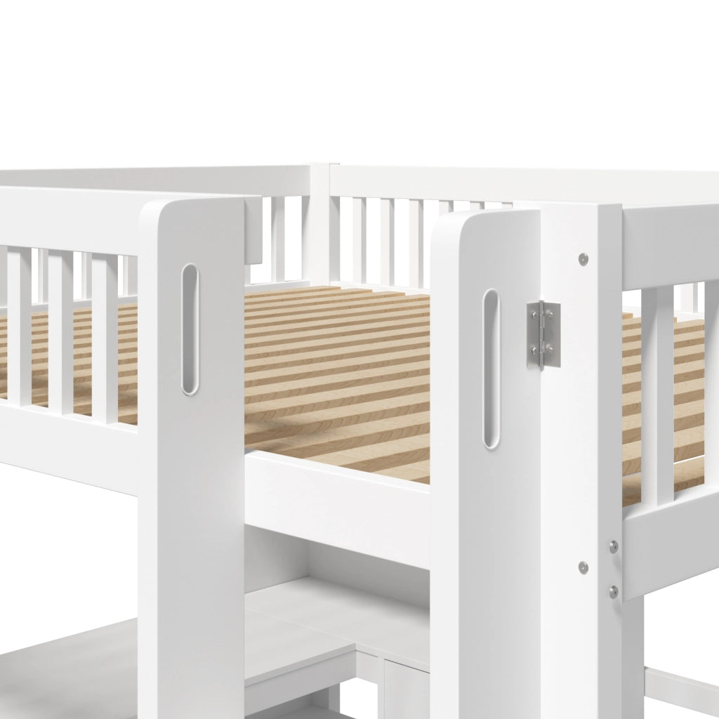 Letto a castello 140x200 cm - Zephmum - Bianco, scrivania, 3 cassetti, scaffali