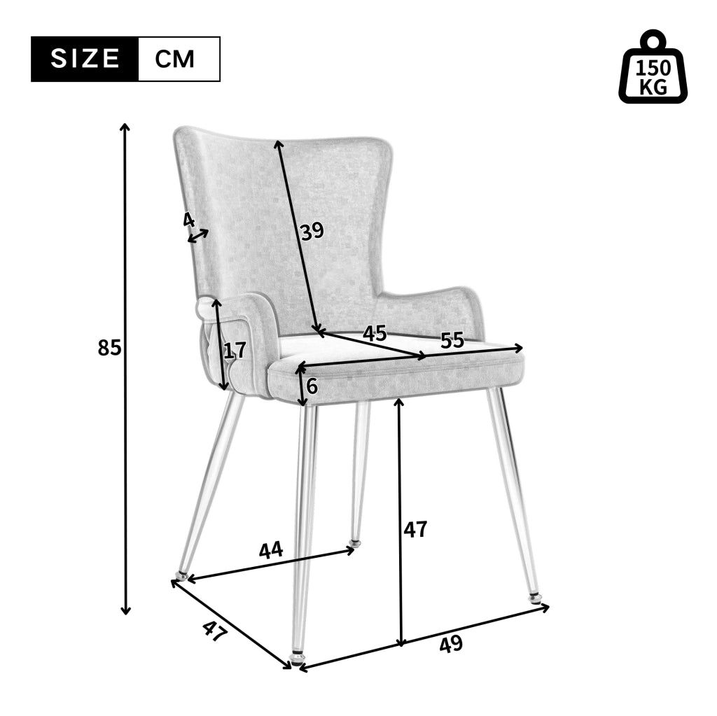 Set di 2 sedie da pranzo in velluto grigio con gambe in metallo argento; stile moderno
