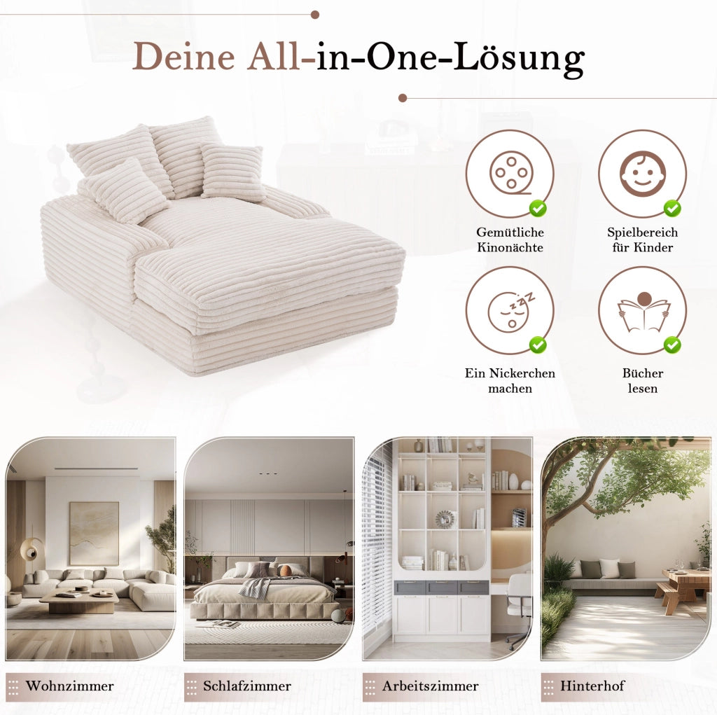 Chaise longue in velluto a coste beige con 4 cuscini
