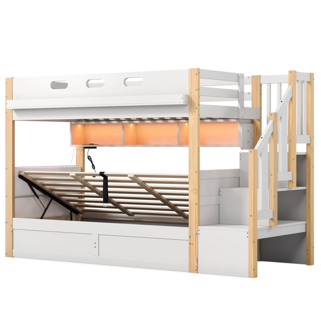 Letto a castello ULEVR 90x200 cm con contenitore idraulico, scala contenitore, LED e prese USB/Type-C, bianco