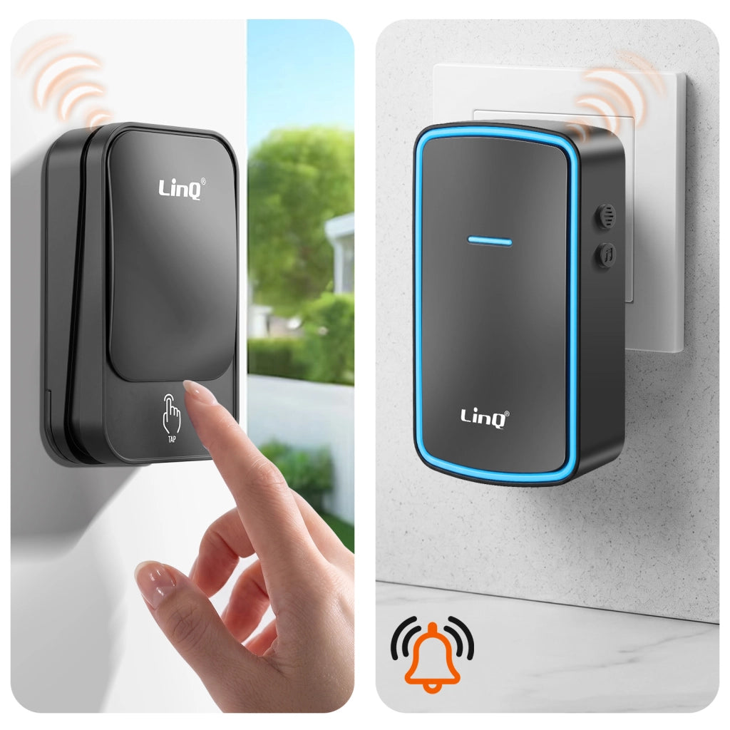 Campanello senza Fili per Casa con Suoneria alla Presa Portata 150m e LED Nero LinQ