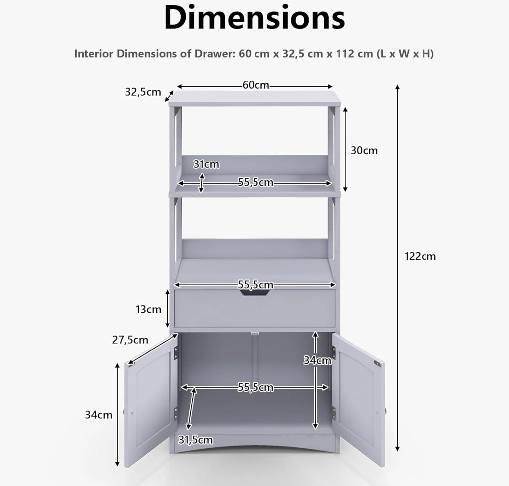 Mobile portaoggetti con ripiano a 3 livelli, armadio alto in legno, dispositivo antiribaltamento, cassetto e armadio a 2 ante, armadio moderno, 60 x 32,5 x 122 cm (grigio)