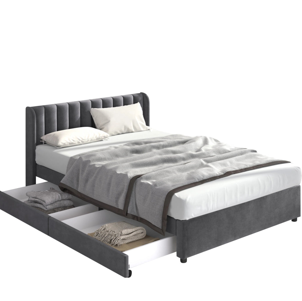 Letto matrimoniale 160x200 cm in velluto grigio con cassetti