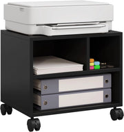 Carrello Porta Stampante con 3 Scomparti Aperti, Mobiletto con Ruote, Supporto per Stampante in Legno, Classificatore per Documenti, Studio, Ufficio, 40x30x35cm, Nero, ASK06sz
