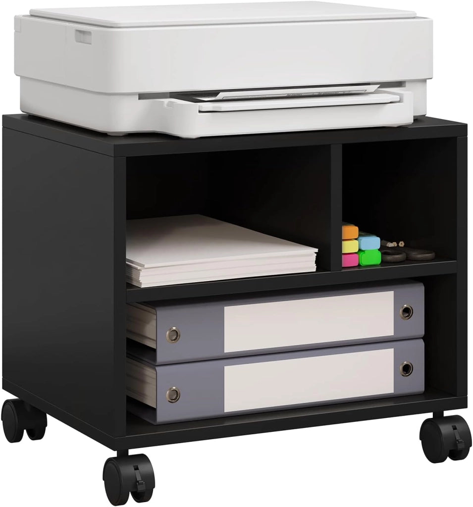 Carrello Porta Stampante con 3 Scomparti Aperti, Mobiletto con Ruote, Supporto per Stampante in Legno, Classificatore per Documenti, Studio, Ufficio, 40x30x35cm, Nero, ASK06sz