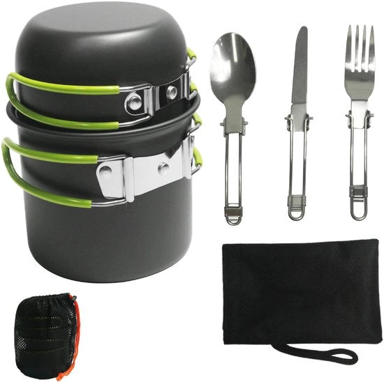 Set da campeggio e cucina ultraleggero, adatto per escursioni, picnic e trekking, comprensivo di pentole, padelle e ciotole, per 1-2 persone.
