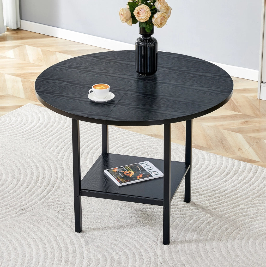 Tavolo da pranzo rotondo con doppio ripiano contenitore; 100 cm; MDF e metallo; nero