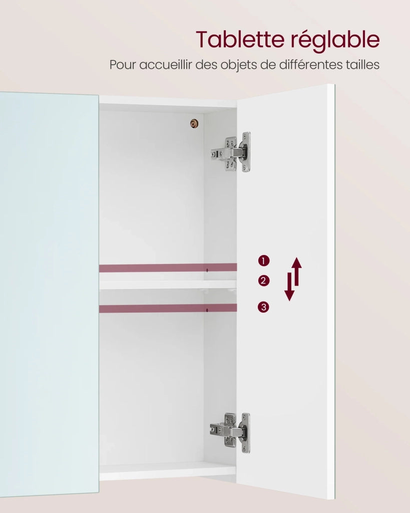 Mobiletto da bagno a muro con specchio mobiletto a 3 ante 60 x 15 x 55 cm con ripiano regolabile bianco moderno 12_0004042